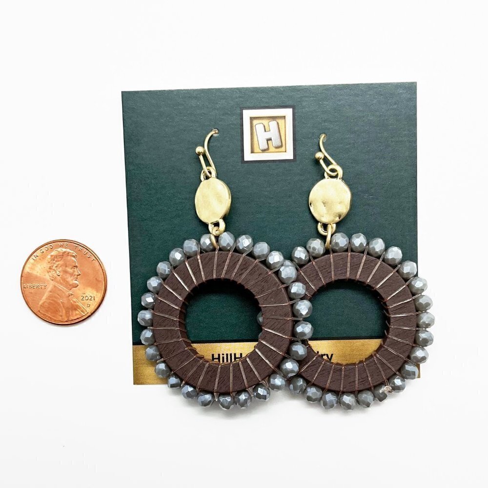 Wood Hoop Earrings with Glass Beads Boho Dangle - Picture 4 of 4